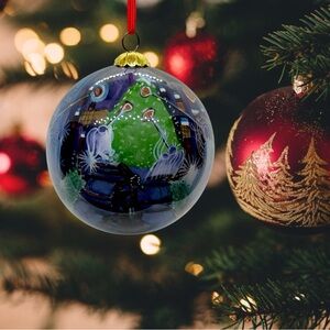 Vtg 90s Windward Galleries Rockefeller Angels Reverse-Painted Glass Ornament 3"